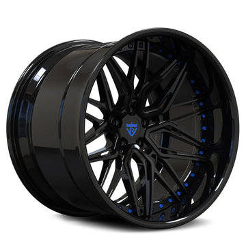 Deep dish custom forged 2-piece blue wheels RV-T081 featuring black finish with blue accents.